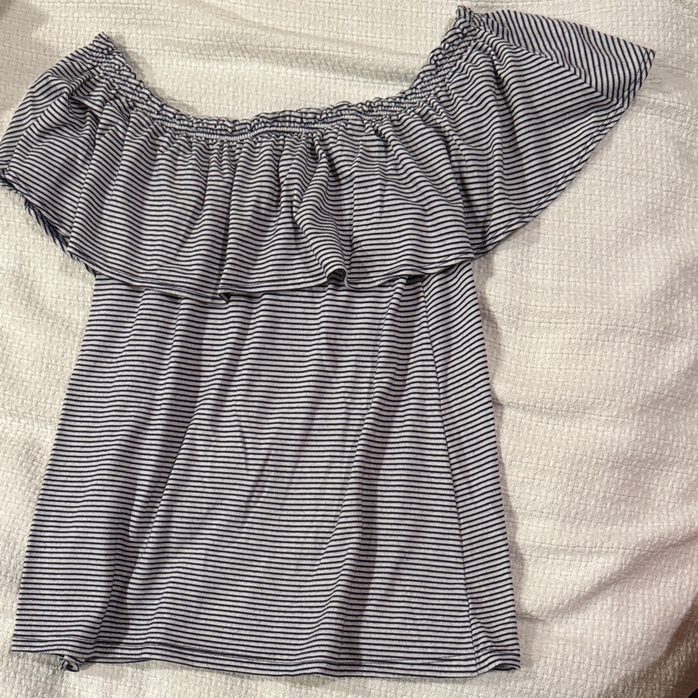 Abercrombie & Fitch Navy and White Striped Off The Shoulder Top - Picture 3 of 3